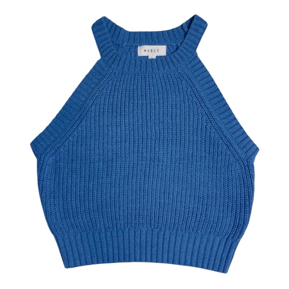 MAC +WHITE BOUTIQUE Blue Short Sleeve Ribbed Knit Top Large
